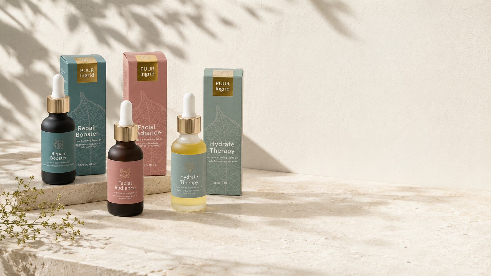 Four skincare dropper bottles with their matching colored boxes arranged on a light stone surface against a textured wall with leaf shadows. The products include Repair Booster, Cellulose Serum, and Hydrate Therapy from Pure Light.