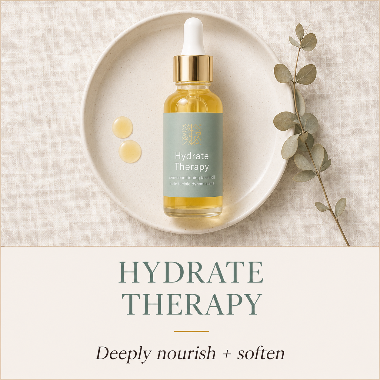 A glass dropper bottle labeled 'Hydrate Therapy' with pale yellow oil, set on a white plate with eucalyptus leaves and two droplets, above large text reading 'HYDRATE THERAPY' and 'Deeply nourish + soften'.