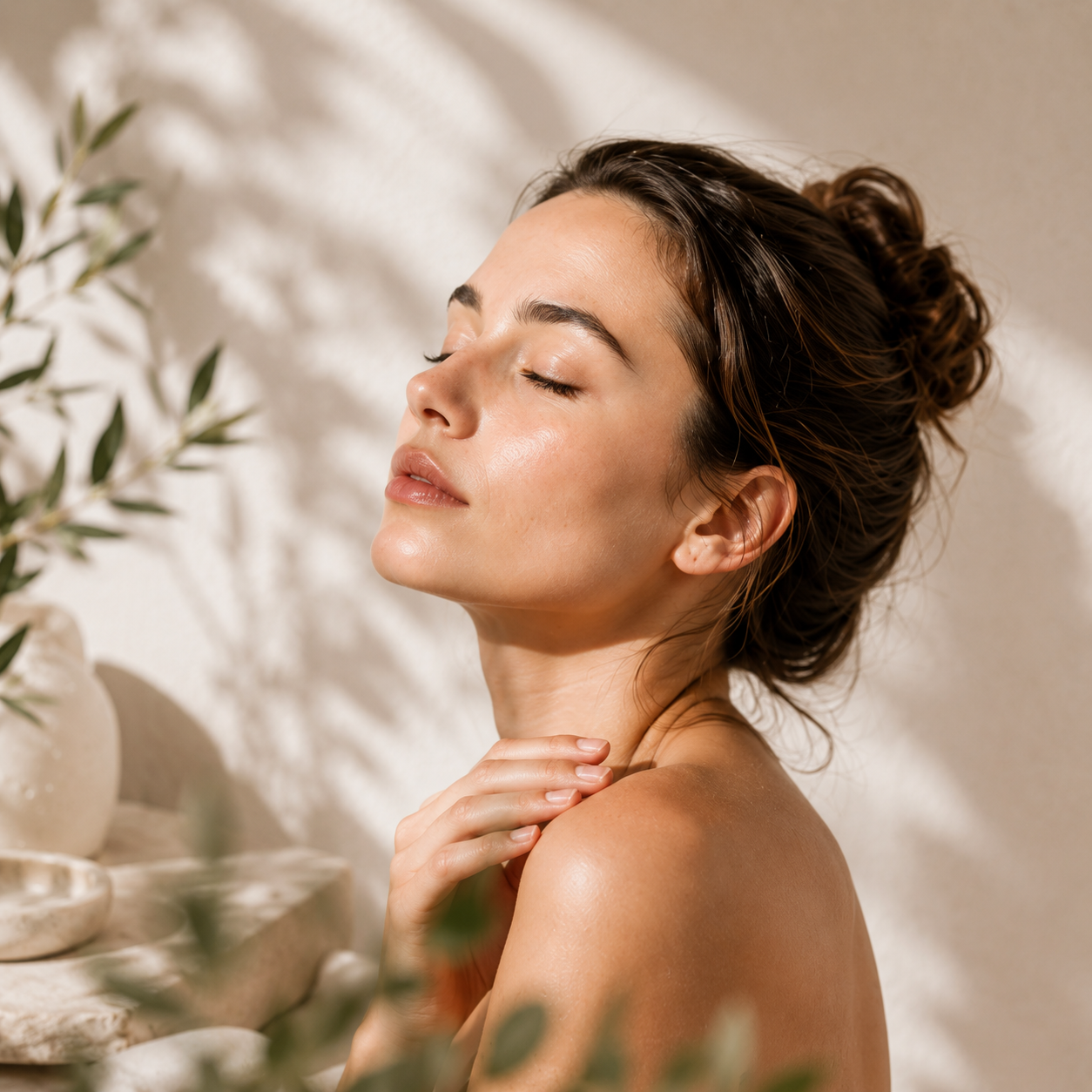 A woman with her eyes closed and head tilted back, resting her hand on her neck, in a warm, sunlit setting with soft shadows and green plant leaves in the foreground.