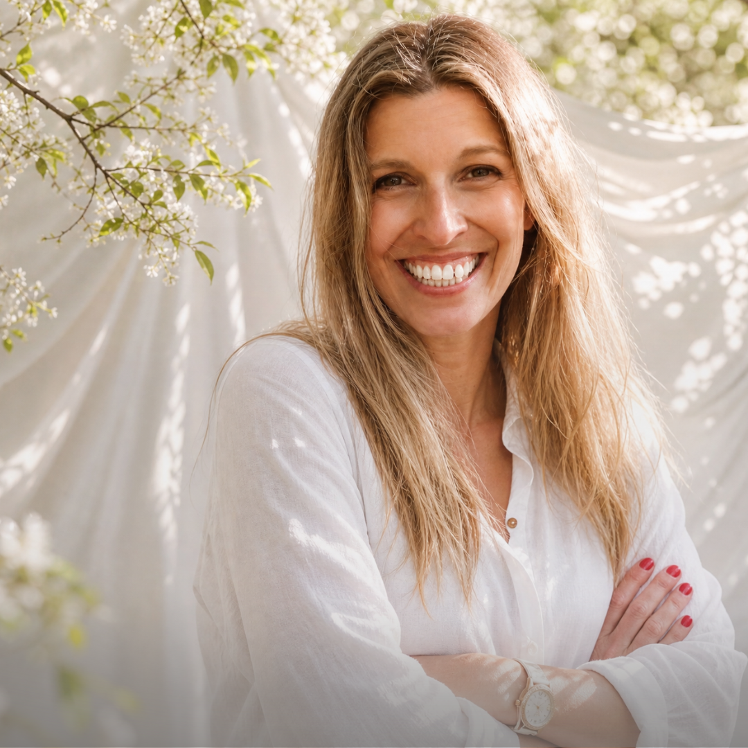 A smiling woman with long blonde hair stands outdoors wearing a white button-up blouse, with white draped fabric and flowering branches in the background.