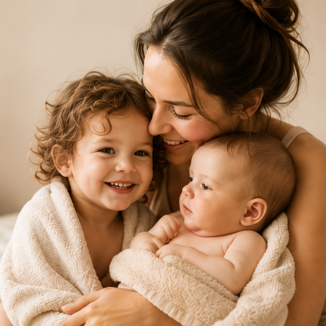 A woman cradles a baby wrapped in a cream towel while a smiling young child stands beside them, also wrapped in a matching towel, against a soft beige background.