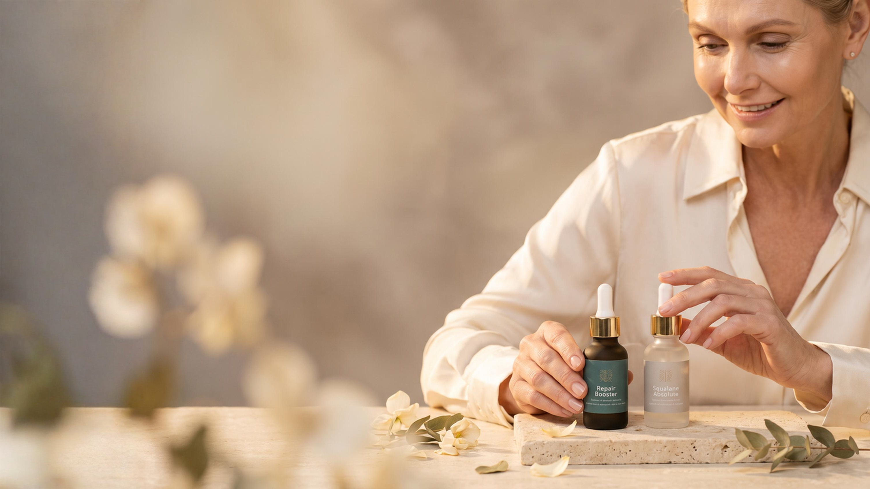 A woman in a cream-colored blouse smiles while holding two cosmetic dropper bottles on a stone tray. One bottle is dark green with gold detailing, and the other is frosted with a white dropper cap.
