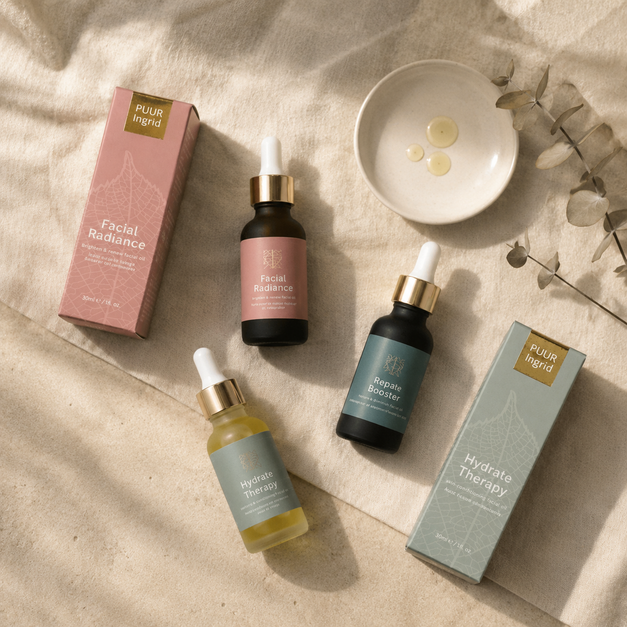 Four skincare dropper bottles and their matching boxes arranged on a beige linen surface with a small white dish and dried leaves. Visible brands on the packaging are PIUR Ingrid.